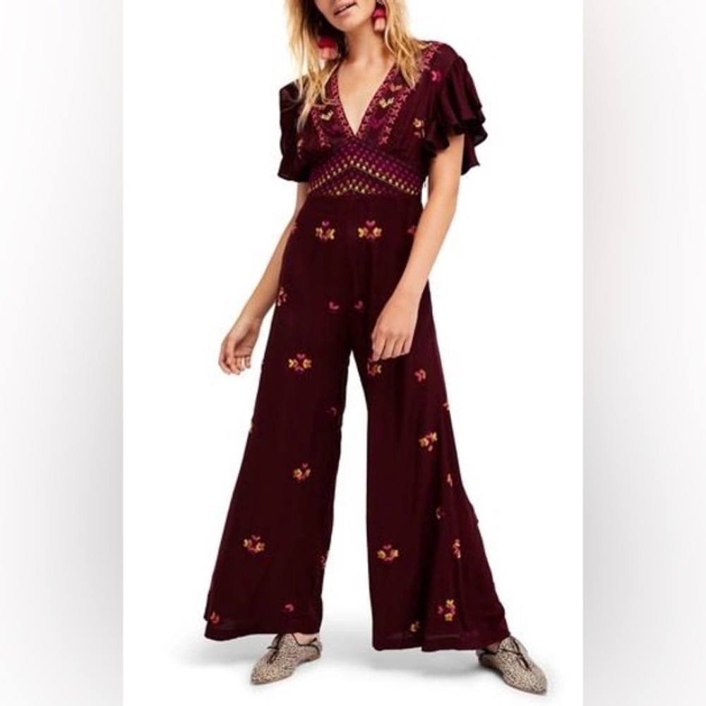 Free People Burgundy Floral Embroidered Jumpsuit